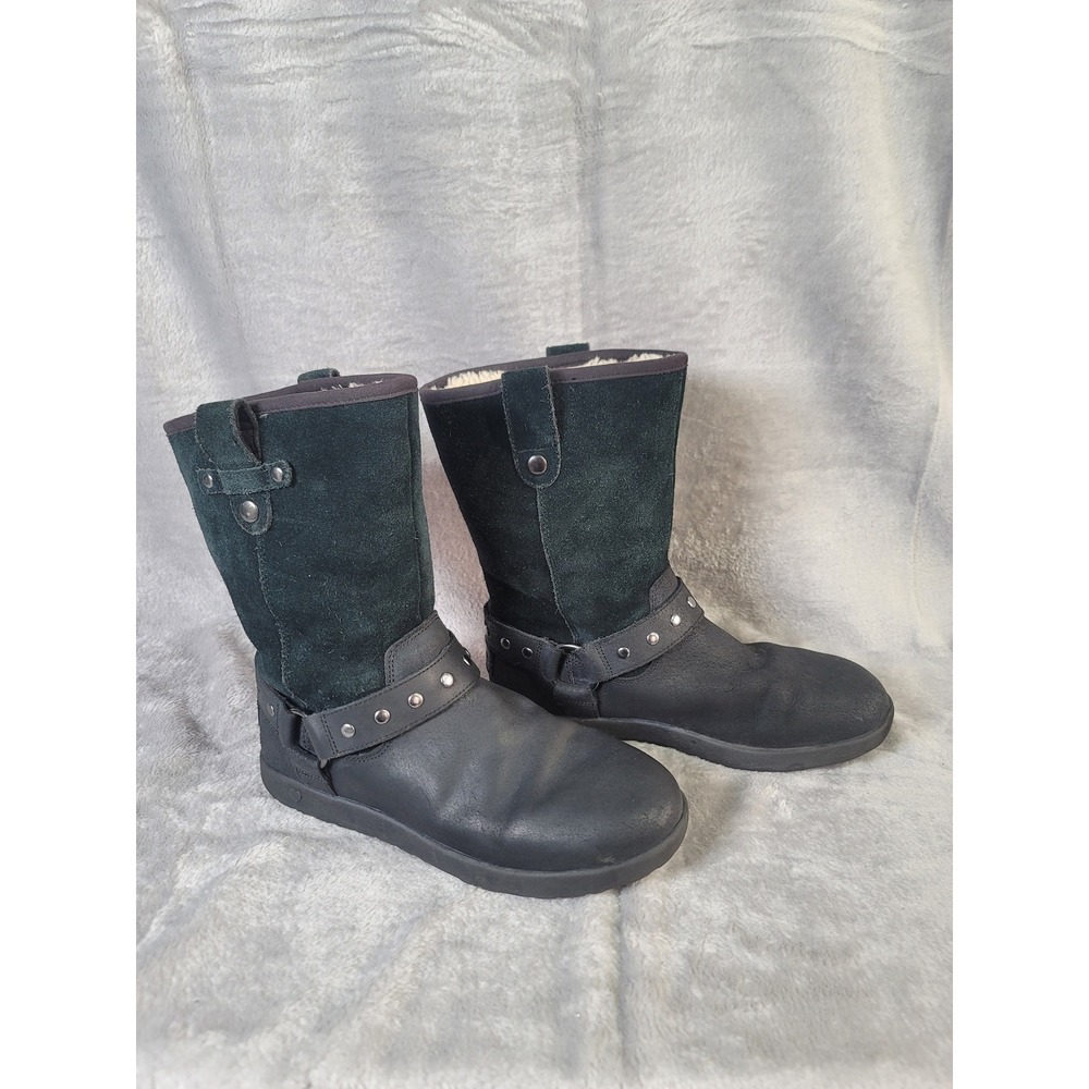 UGG Australia Y2K Black Suede Studded Harness Moto Boots Cozy Grunge Size 8